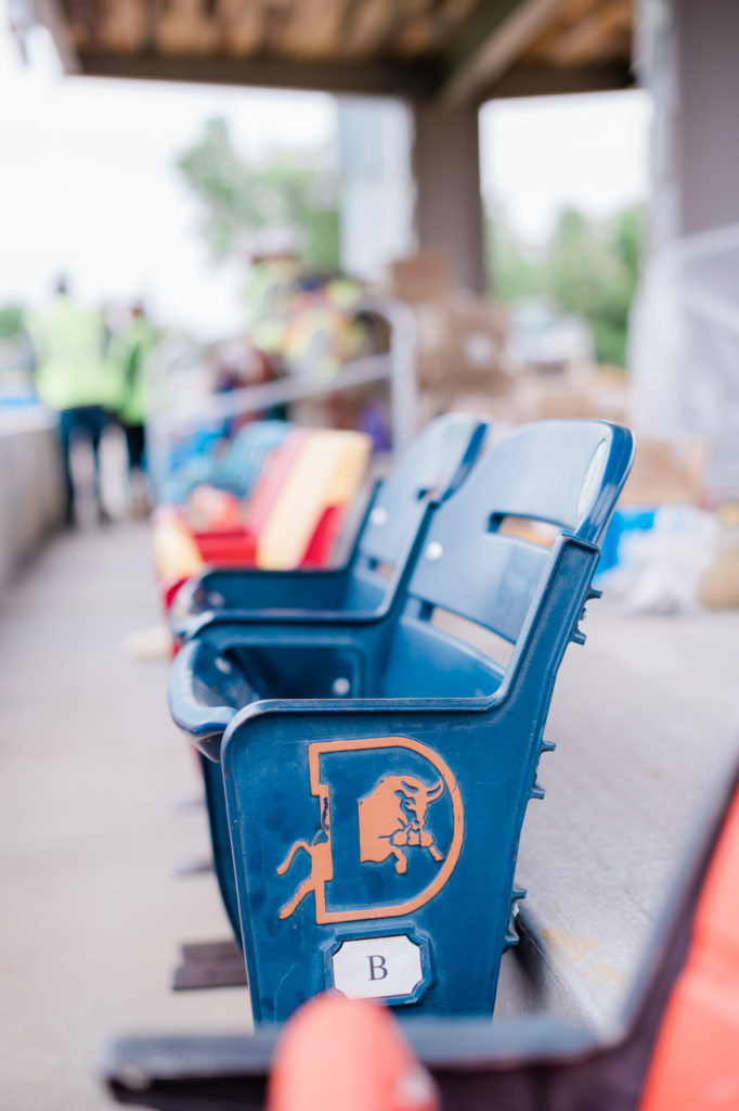 A Durham Bulls seat from the Vintage Scoreboard seats at Truist Point