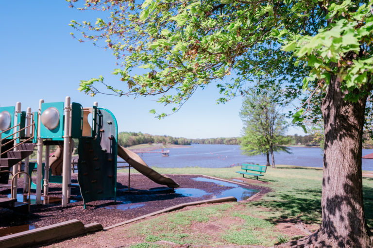An image of the playground overlooking Oak Hollow Festival Park in High Point, NC