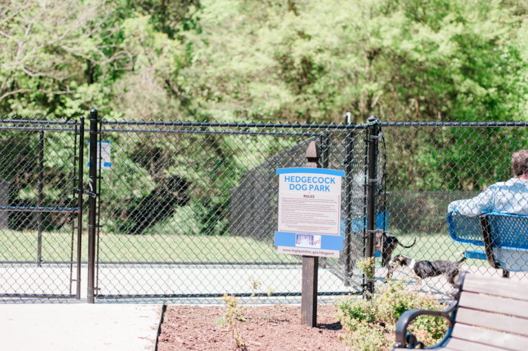 An image of the entrance to Hedgecock Dog Park in High Point, NC