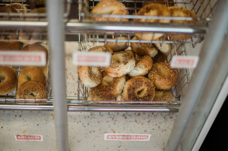 A batch of freshly baked everything bagels. 
