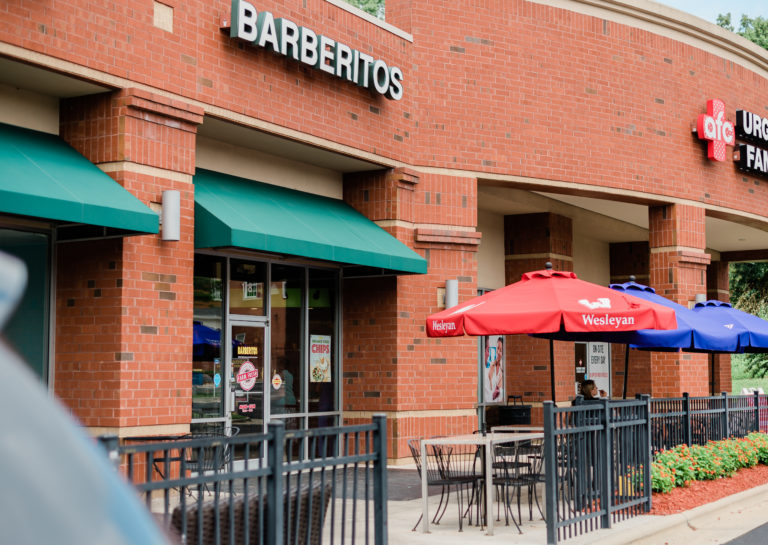 The patio in front of Barberitos 