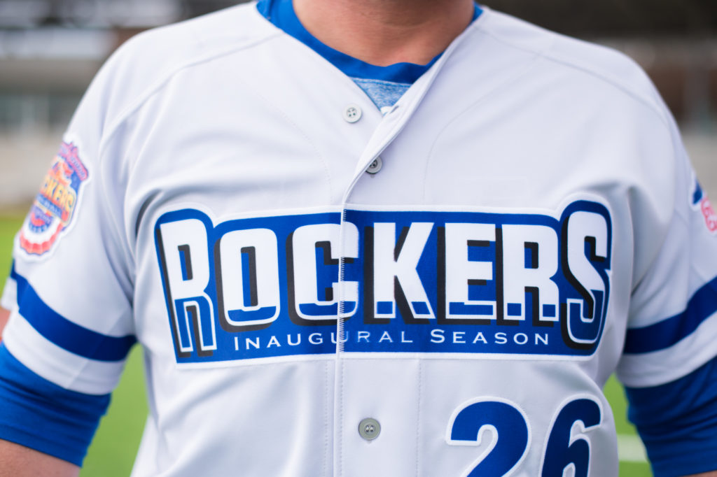 A close up photo of the High Point Rocker's baseball jersey.