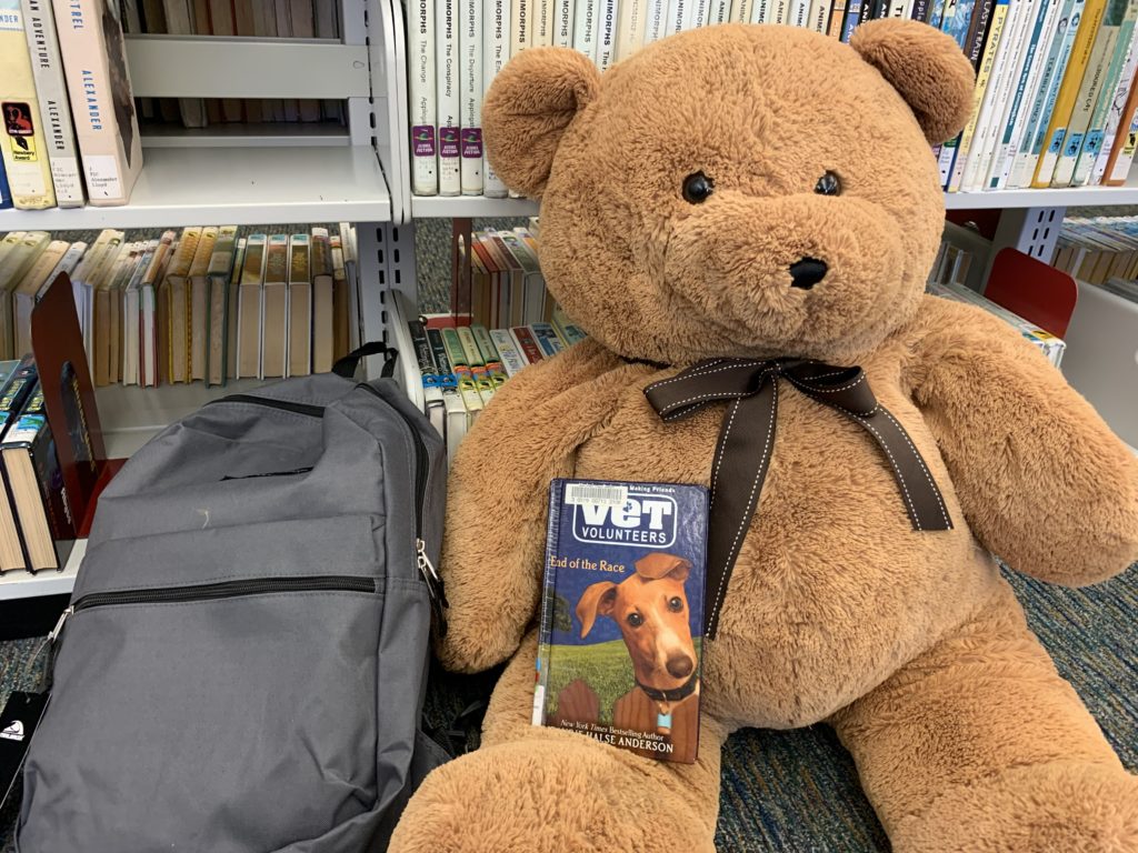A teddy bear sits beside a backpack with a book at the High Point Public Library.