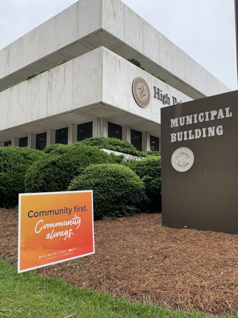 A High Point Municipal building stands with a "Community First. Community Always." sign in front.