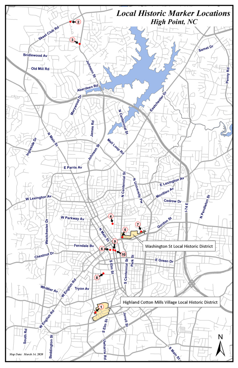 A map of local historic markers in High Point.
