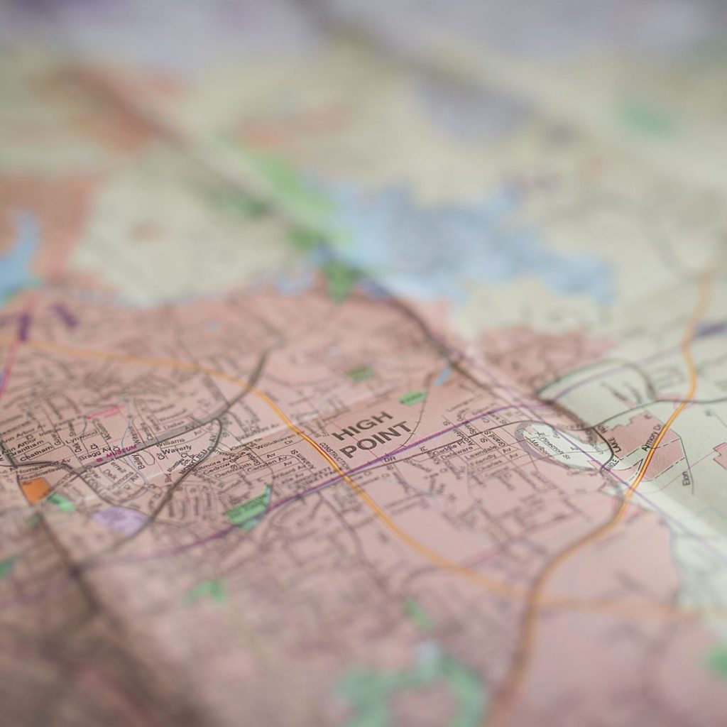 A map that is out of focus with the word "High Point" in focus.