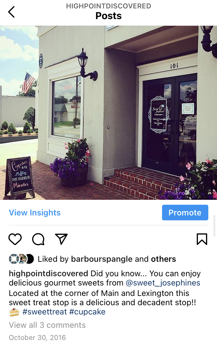 A screenshot from the High Point Discovered Instagram in 2016 that features Sweet Josephine's.