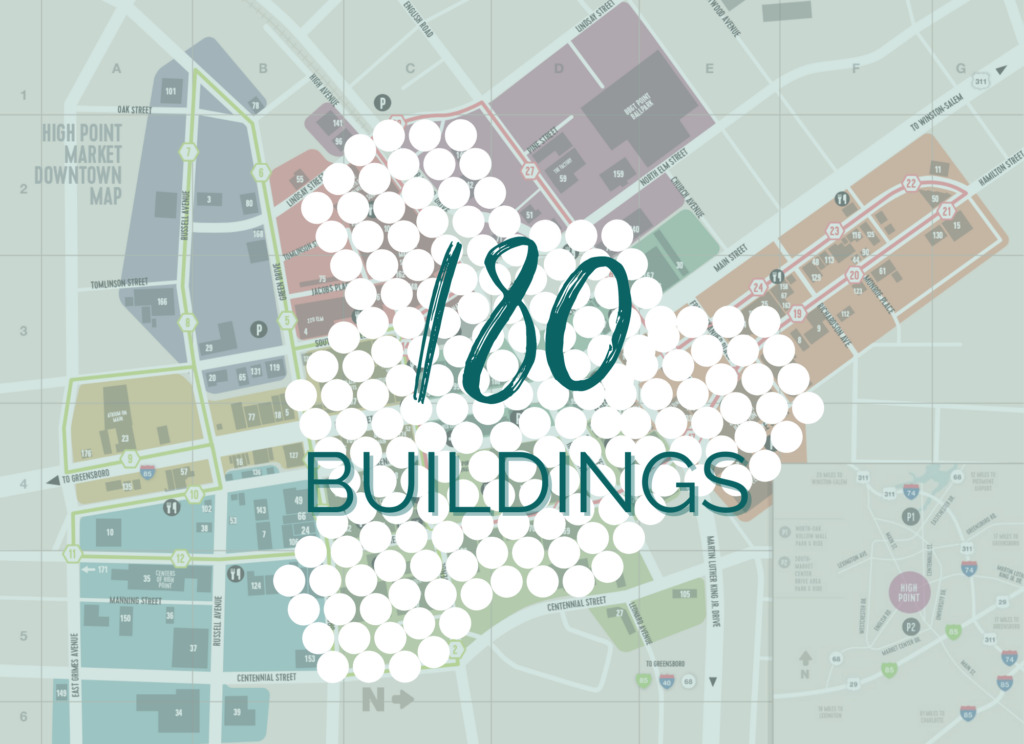 One hundred and eighty small white circles that read "180 Buildings" overlay a map of the downtown Market district.