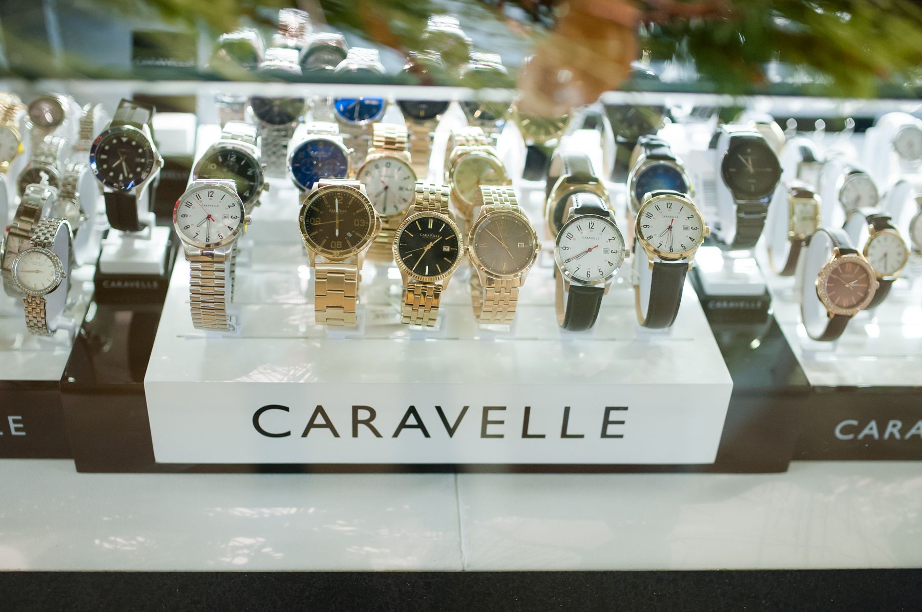 A case of Caravelle wristwatches at High Point Jewelers. 
