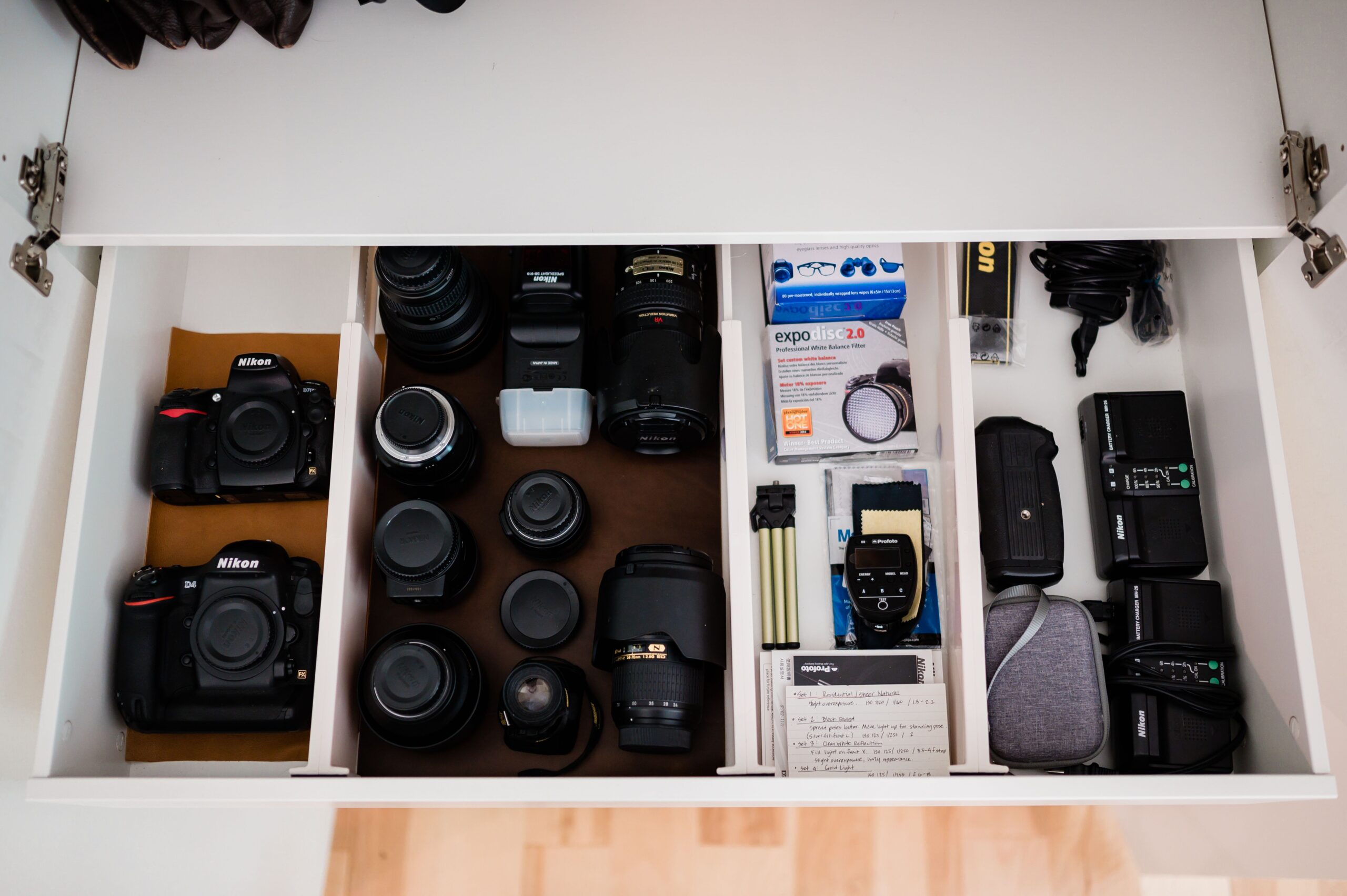 A drawer of camera equipment.