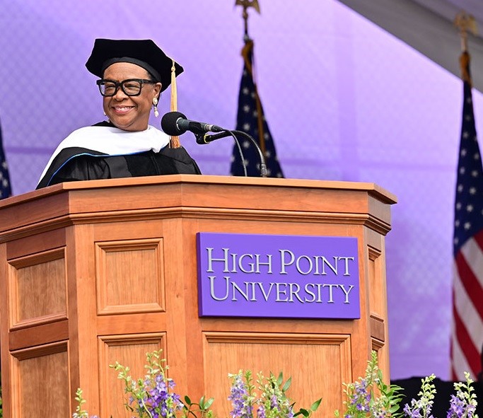 Cynt Marshall, CEO of the Dallas Mavericks, delivers the commencement address at HPU's 2021 commencement in High Point, NC.