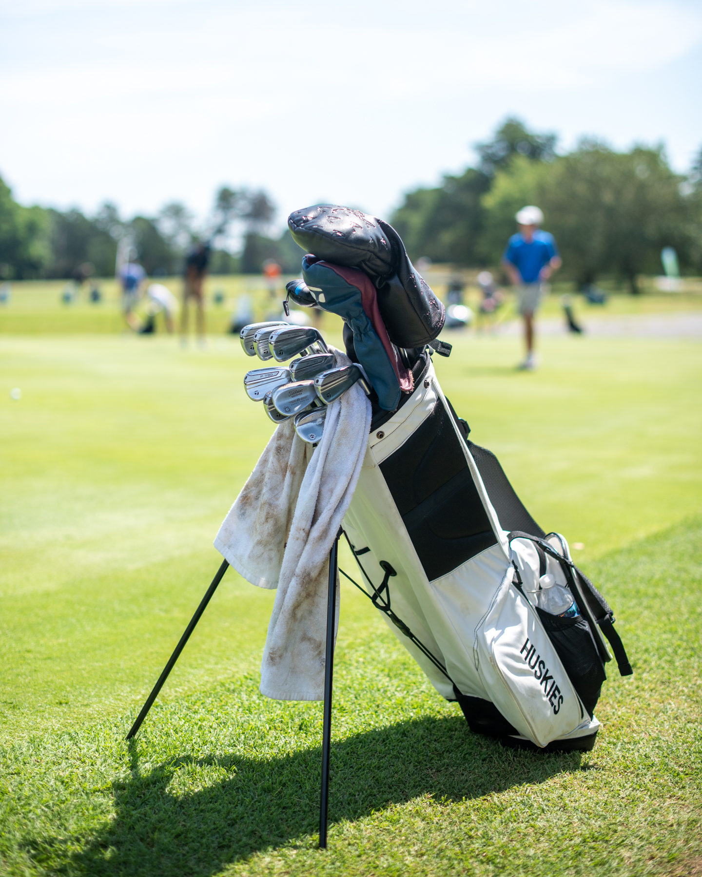 A golf club bag sits at Oak Hollow Golf Course.