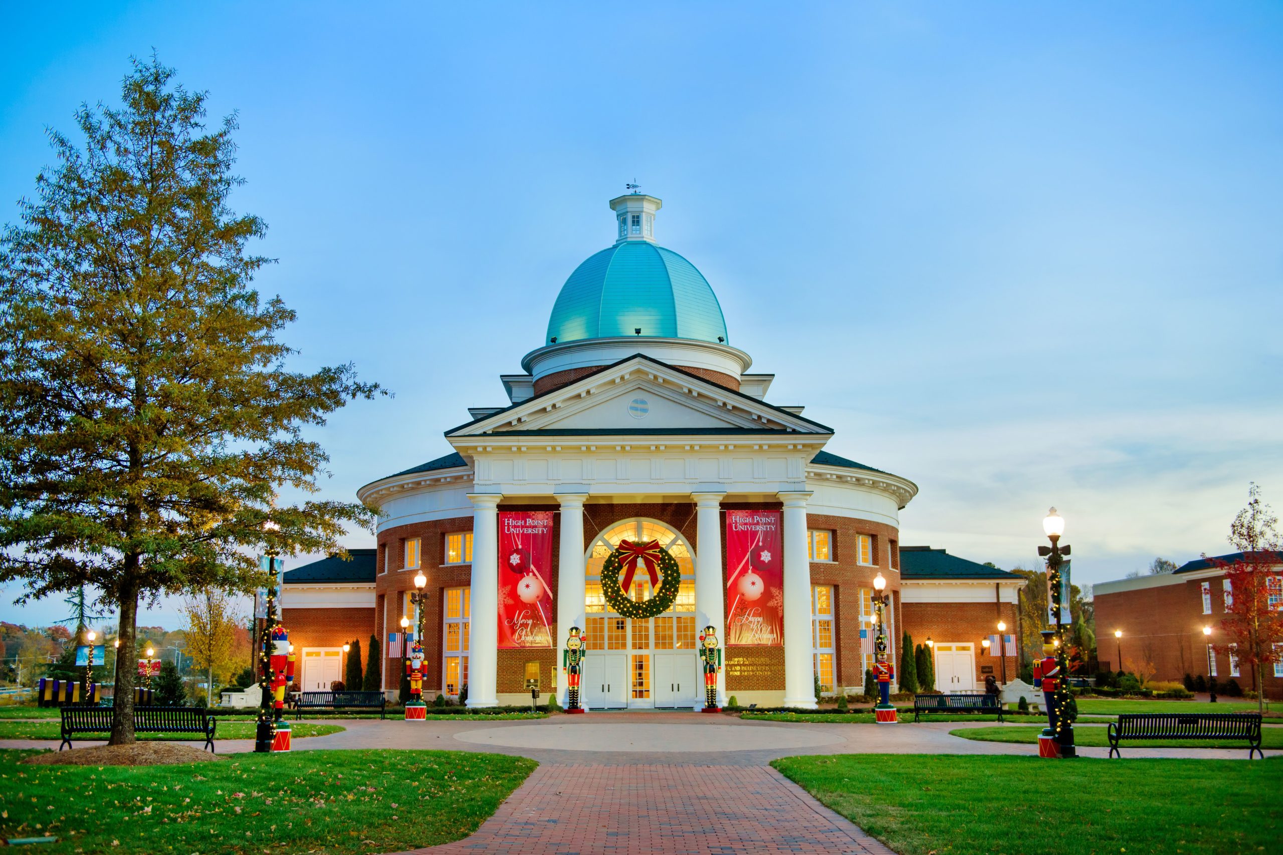 Hayworth Fine Arts Center at High Point University is decorated for Christmas.