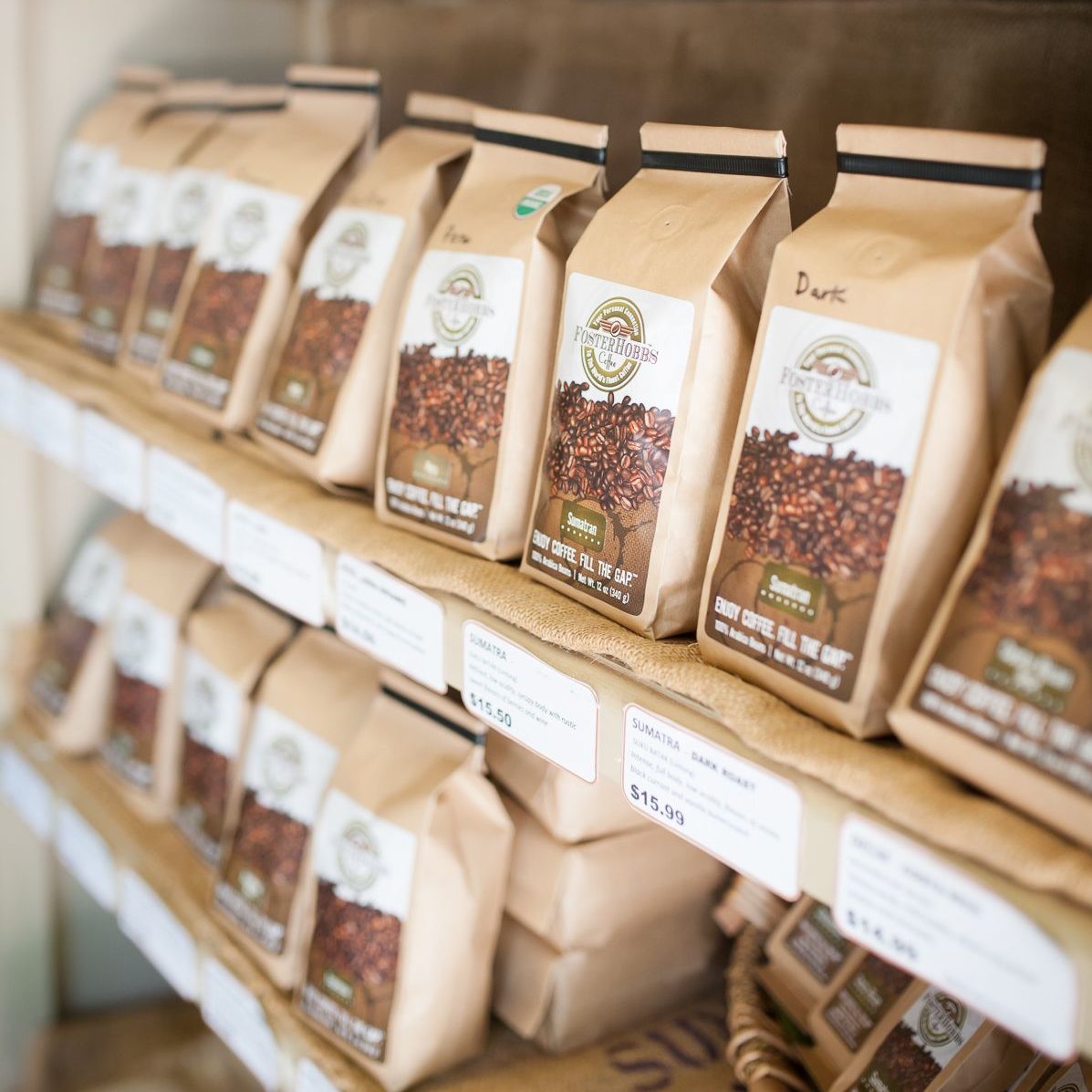 a photo of a wall of coffee beans from Foster Hobbs in High Point, NC