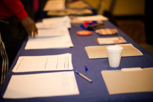 Job applications at the High Point Rockers job fair in High Point, NC