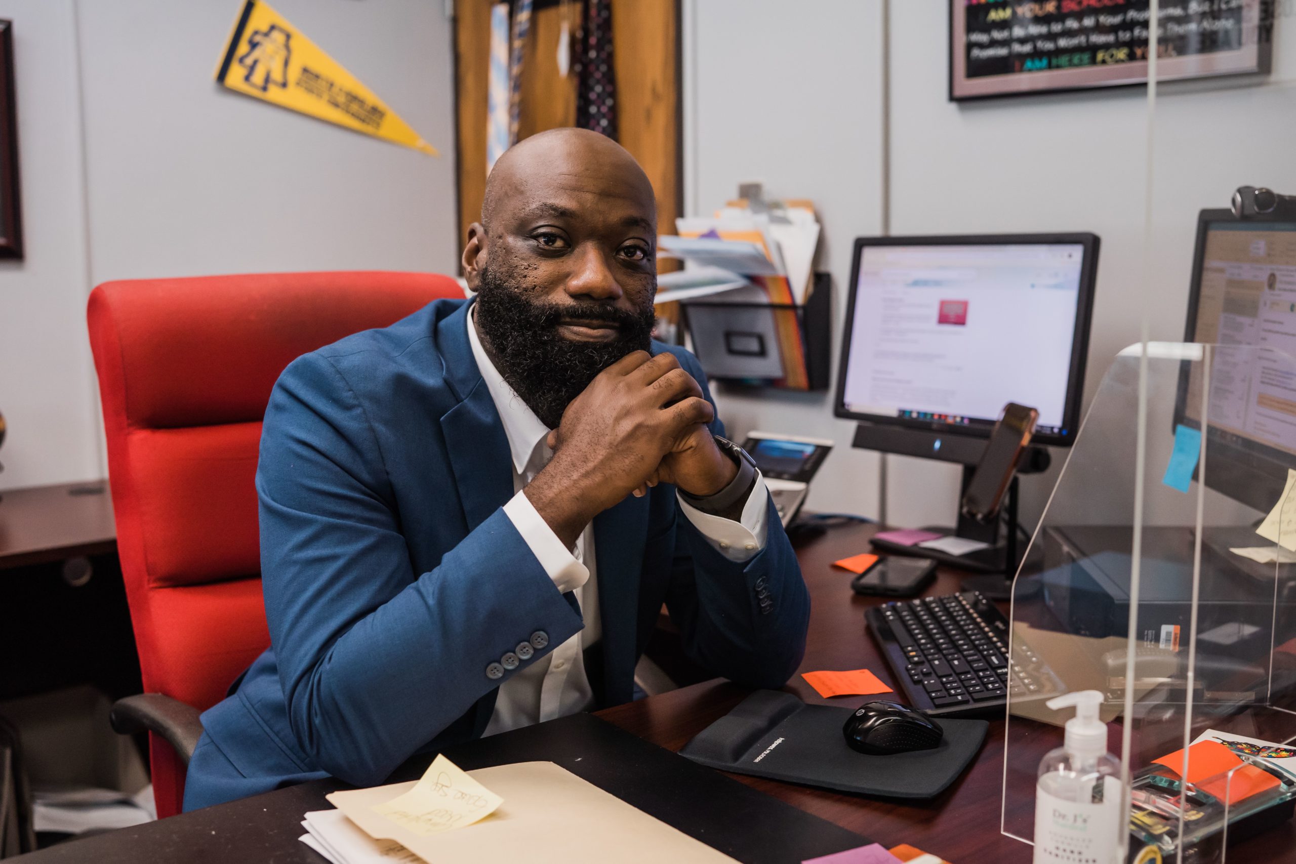 Dr. Marcus Gause, sits at his desk at T. Wingate Andrews High School in High Point, NC.