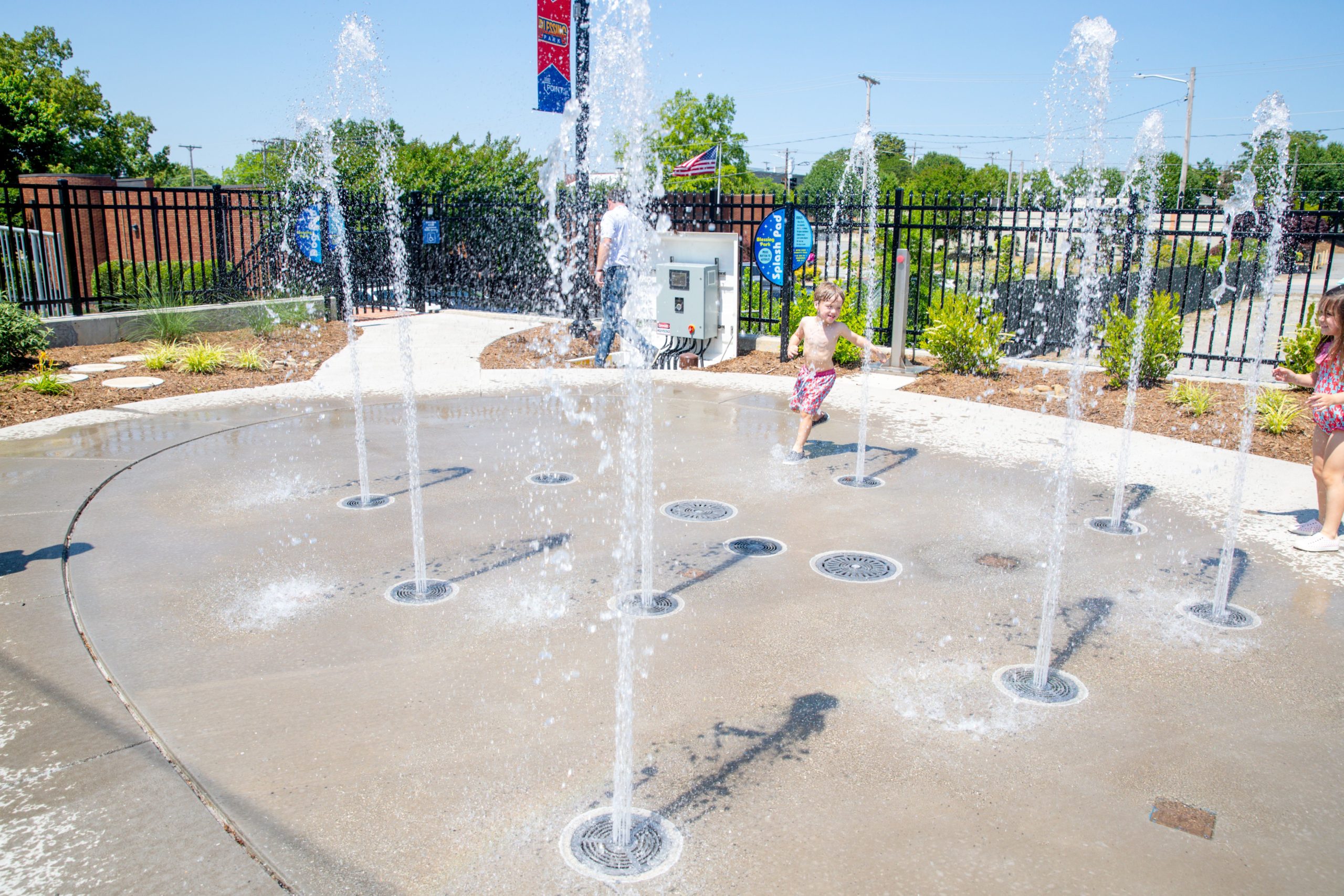 A splash pad at Blessing Park in High Point, NC, open for summer.
