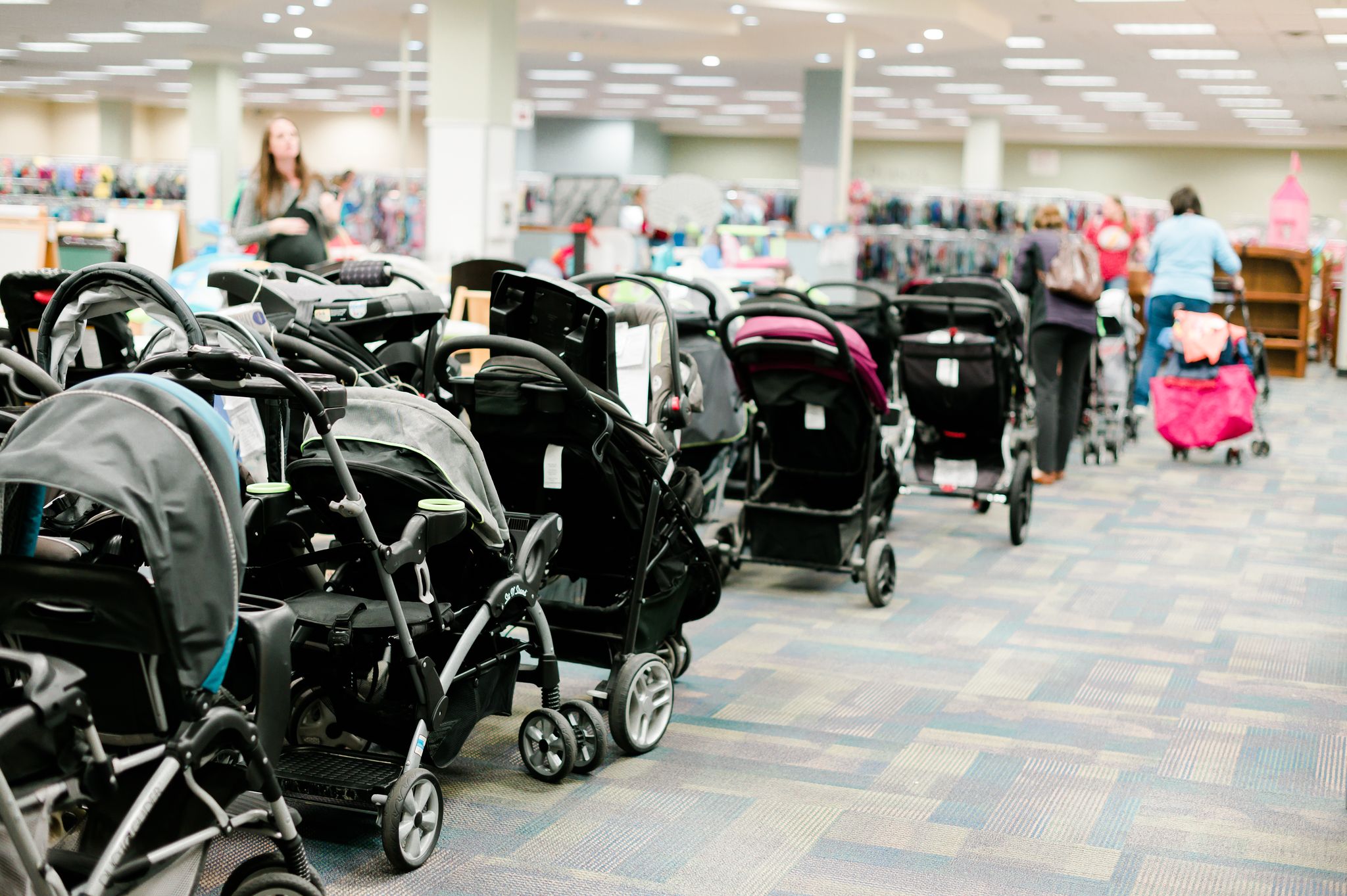 Strollers lined up at WeeRuns, a High Point consignment sale.