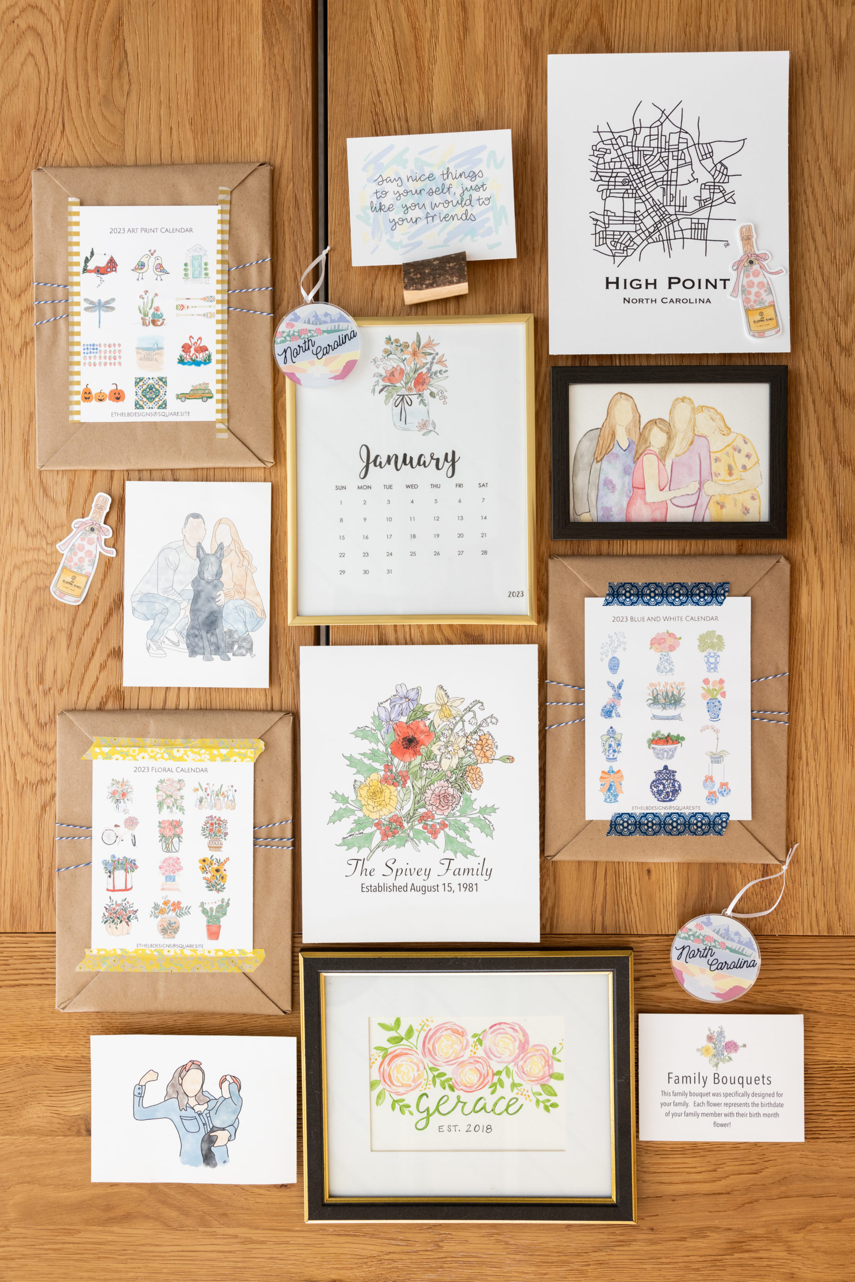 A flat lay of artwork and greeting cards from Ethel B Designs.