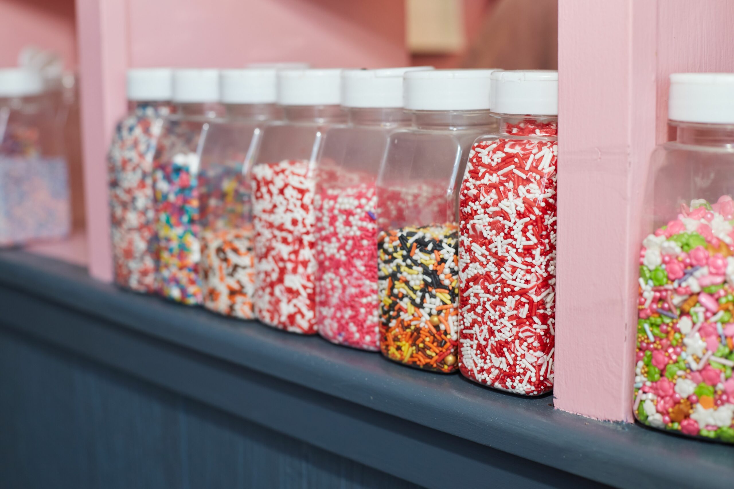 Jars of sprinkles at Sweet Dough Bake Shop in High Point, NC.
