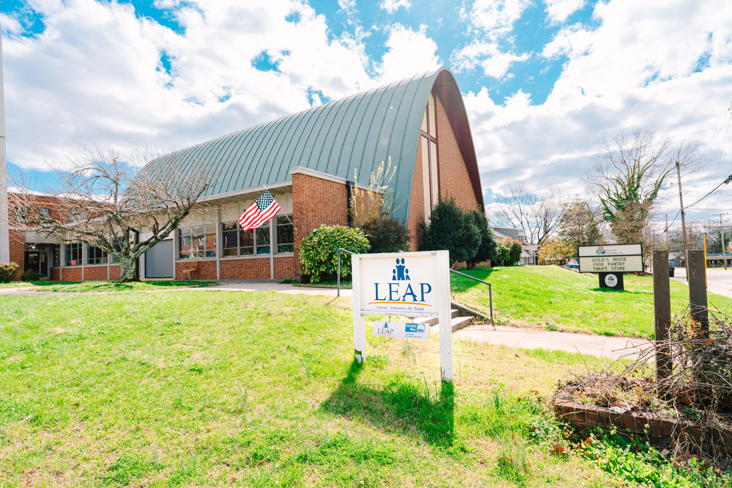The sign for LEAP in High Point, NC, a non-profit for childhood education.