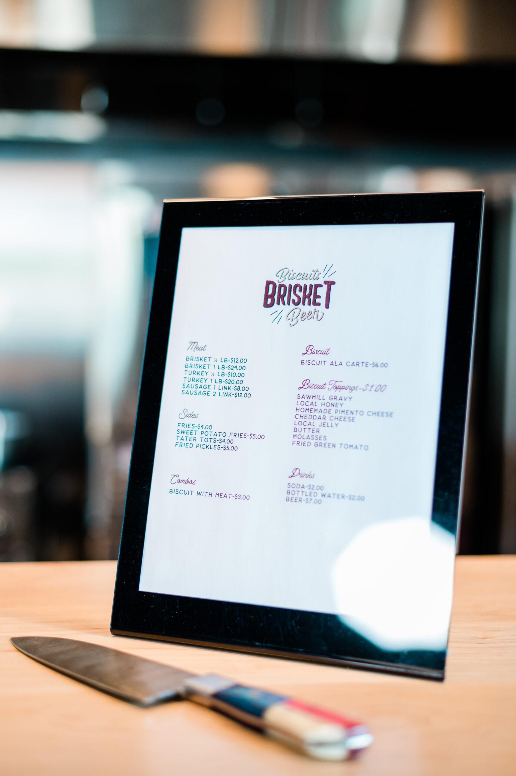 A menu at Biscuits Brisket & Beer in High Point, NC.