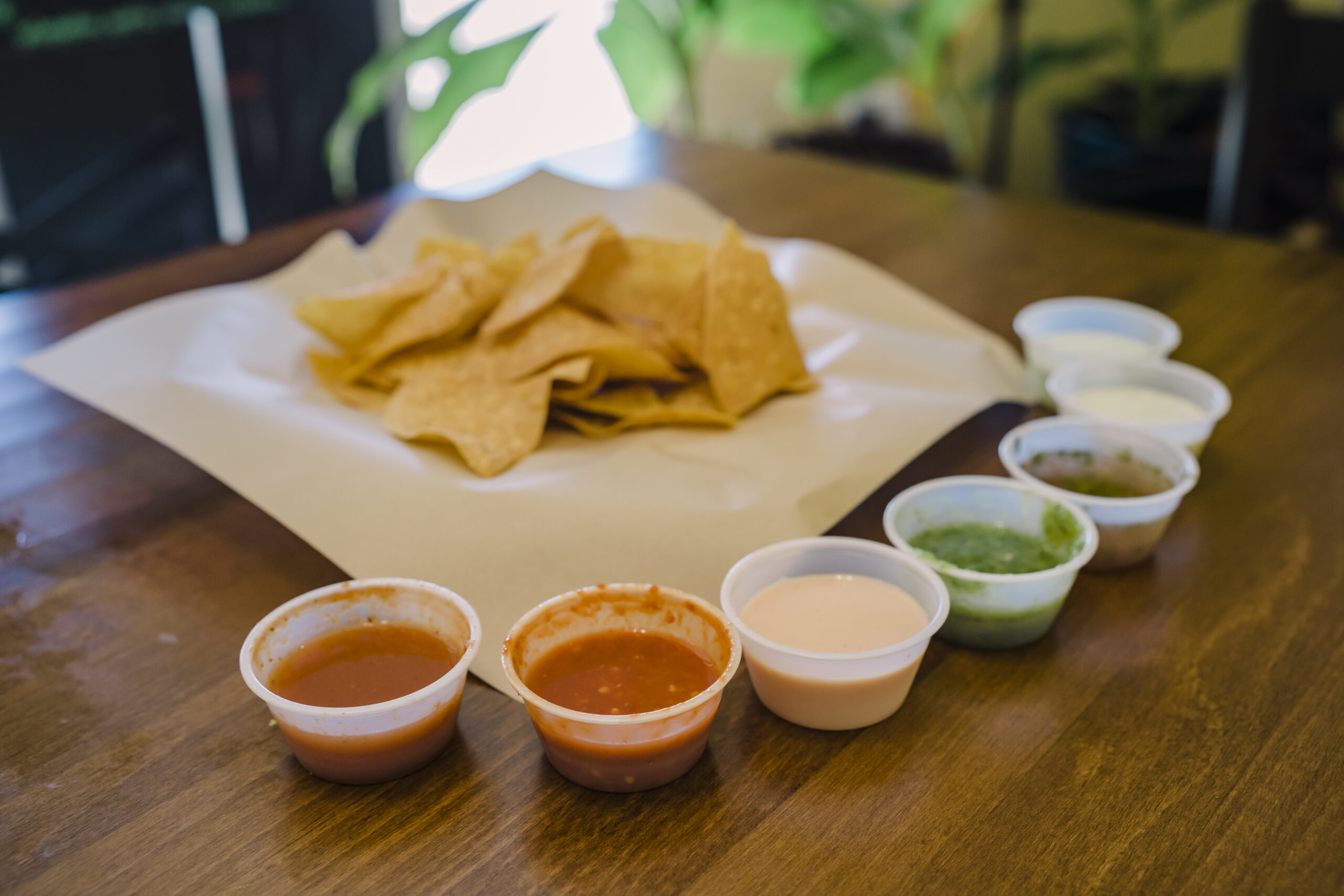A plate of chips and salsa combinations at Sofrito in High Point, NC.