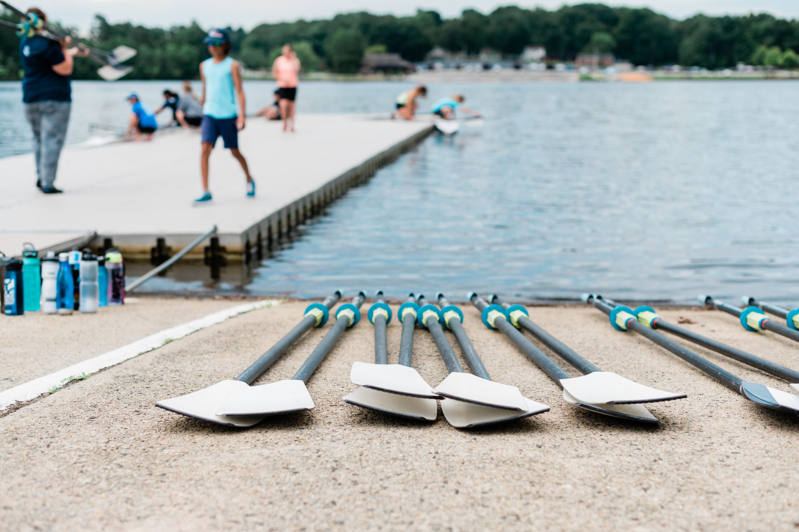 Oars sit on the dock next to the boats at Oak Hollow Lake in High Point, NC.