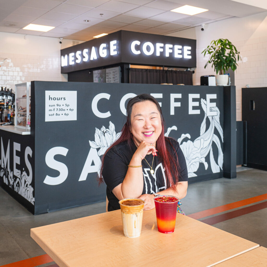 Christine Yom at Message Coffee in Stock and Grain Assembly in High Point, NC.