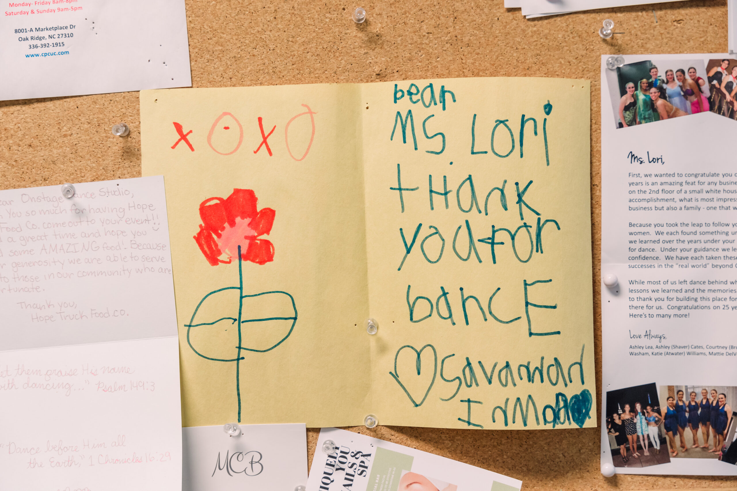 A note from a student on the bulletin board of the On Stage Dance studio in High Point, NC.